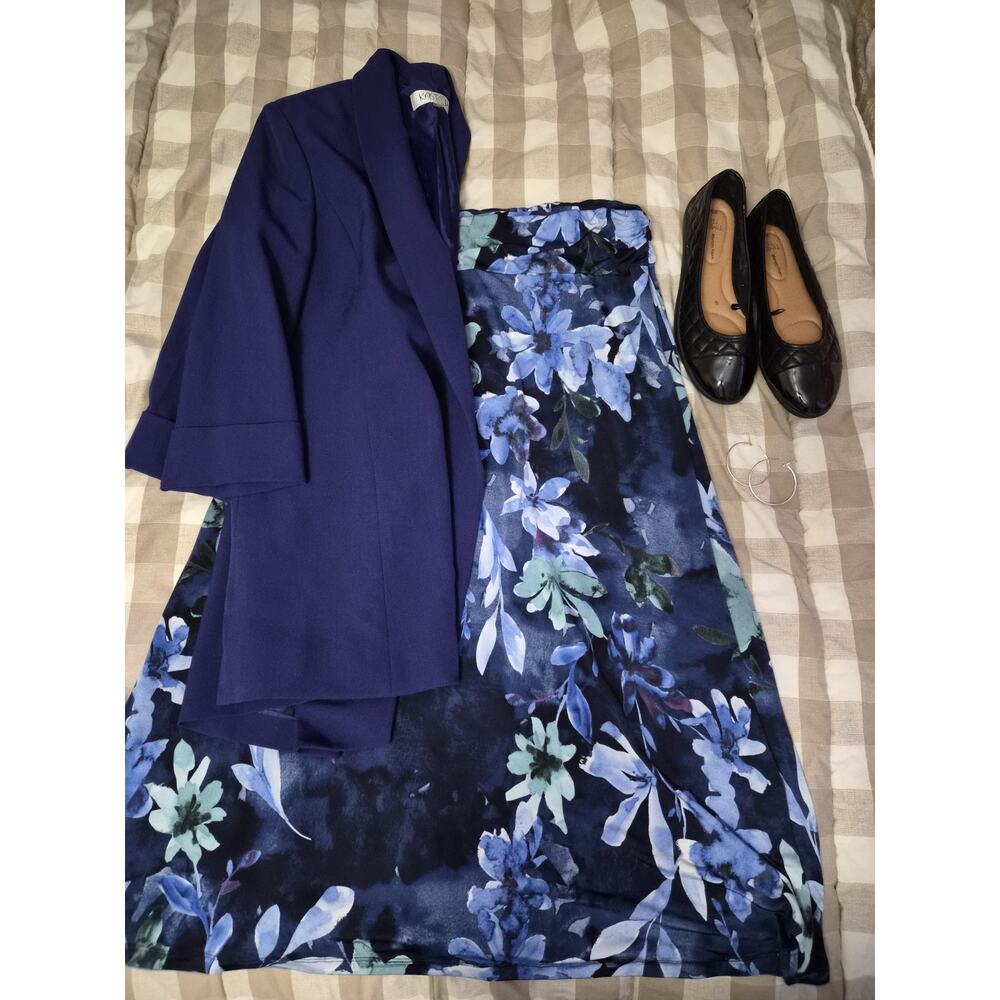 Size XL Leebe Blue Watercolor Floral Stretch Slinky Midi Tea Length Skirt Womens